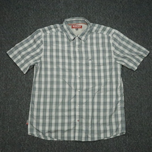 Simms Shirt Mens Large Gray White Plaid Short Sleeve Fishing Pearl Snap Outdoor - Picture 1 of 10